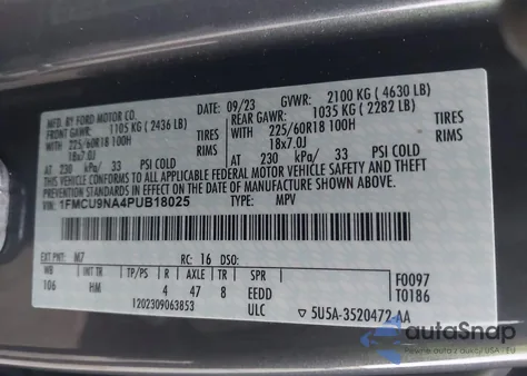 2023 Ford Escape St-Line Select из США, поврежденный, VIN 1FMCU9NA4PUB18025